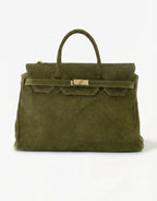 Suede-Look Shoulder Bag with Gold Detail - Army Green
