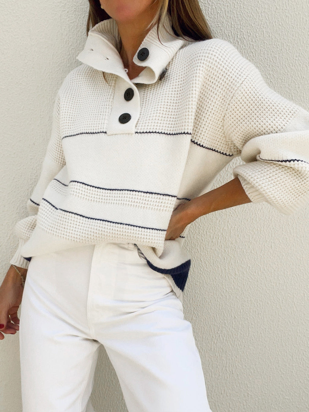 Open Collar Button-Up Knit Jumper - White