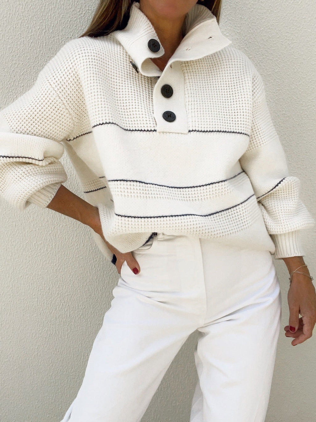 Open Collar Button-Up Knit Jumper - White