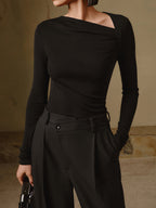 Ribbed Asymmetric Neck Long-Sleeve Top