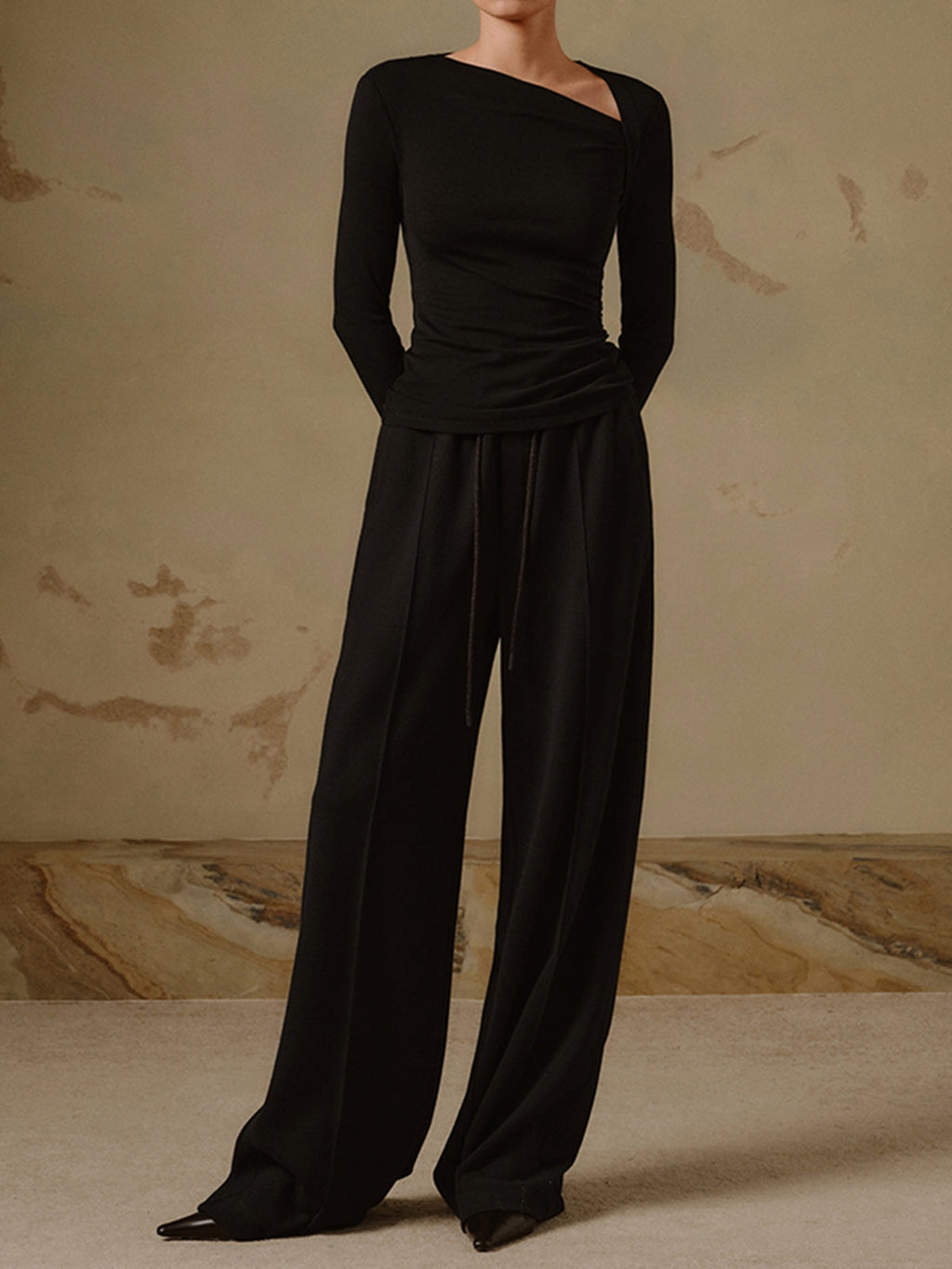 Ribbed Asymmetric Neck Long-Sleeve Top