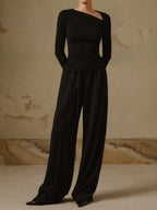 Ribbed Asymmetric Neck Long-Sleeve Top