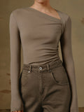 Ribbed Asymmetric Neck Long-Sleeve Top