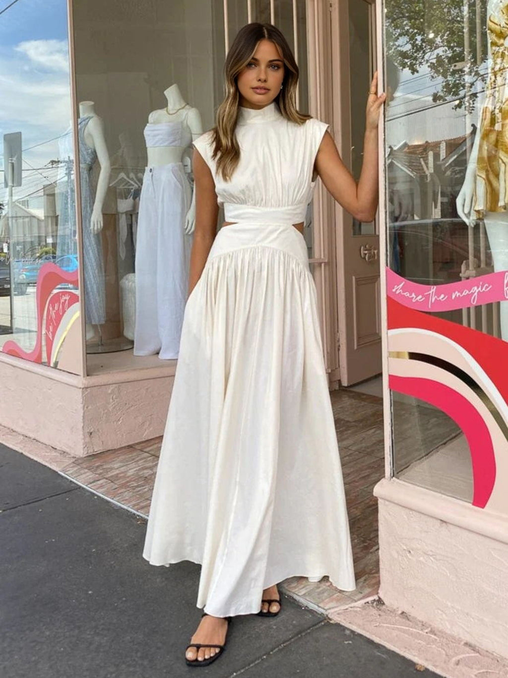 Mock Neck Maxi Dress with Open Back – Pleated Cut-Out Dress