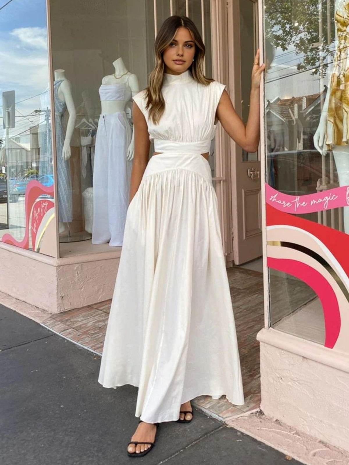 Mock Neck Maxi Dress with Open Back – Pleated Cut-Out Dress