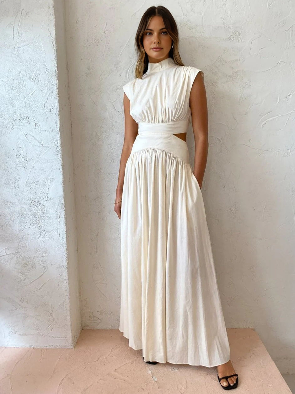 Mock Neck Maxi Dress with Open Back – Pleated Cut-Out Dress