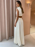 Mock Neck Maxi Dress with Open Back – Pleated Cut-Out Dress
