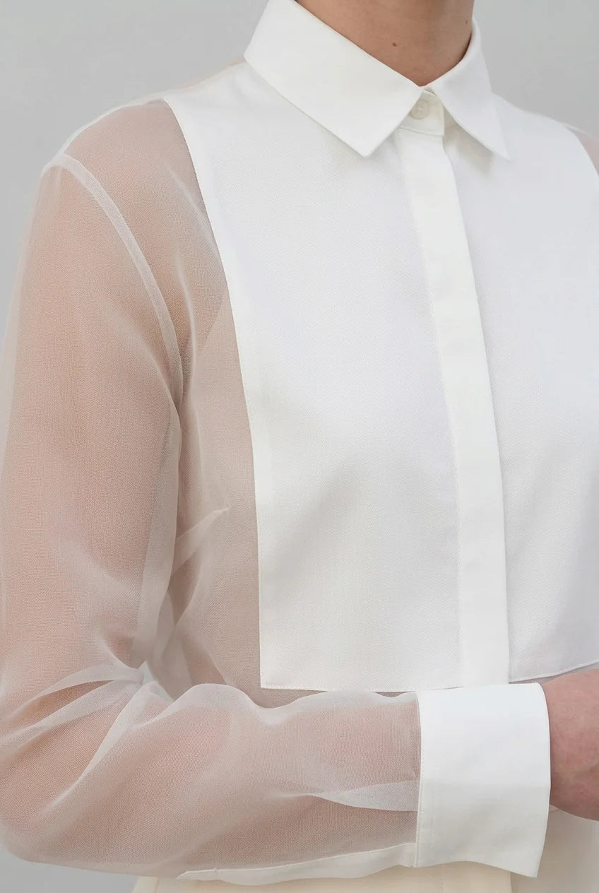 Women's Elegant Sheer Organza Puff Sleeve Blouse with Classic High Collar