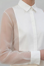 Women's Elegant Sheer Organza Puff Sleeve Blouse with Classic High Collar