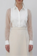 Women's Elegant Sheer Organza Puff Sleeve Blouse with Classic High Collar