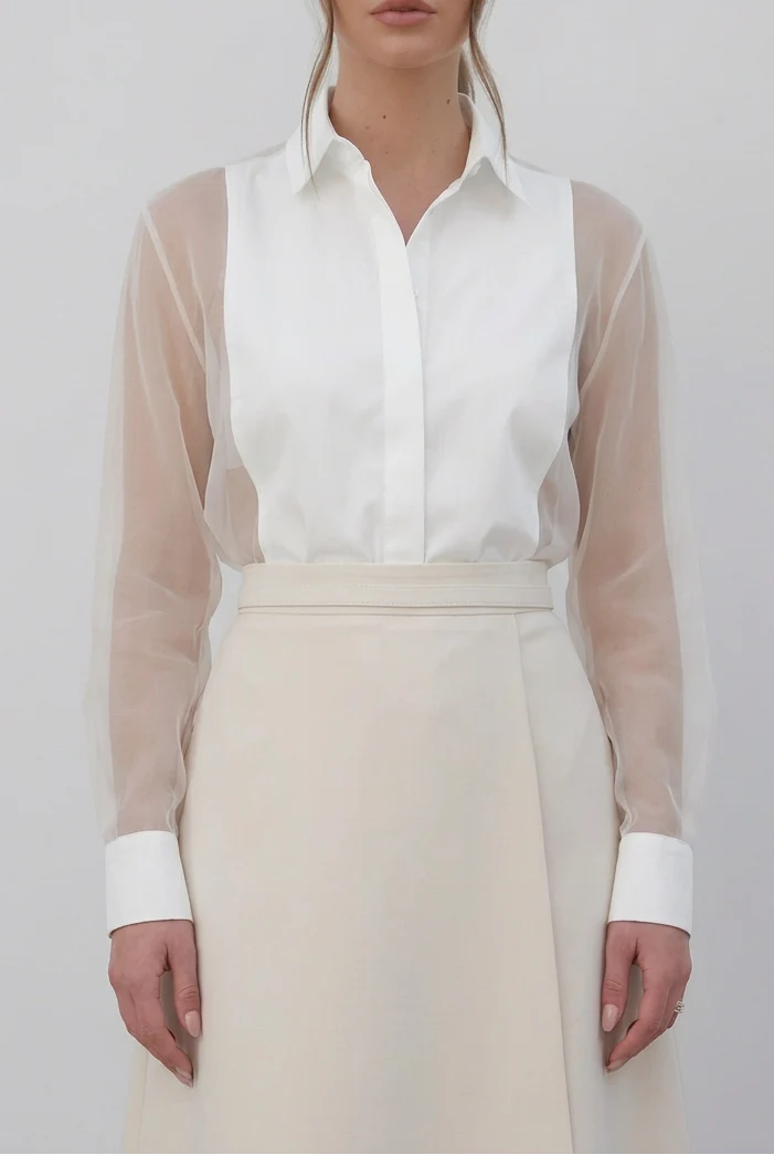 Women's Elegant Sheer Organza Puff Sleeve Blouse with Classic High Collar