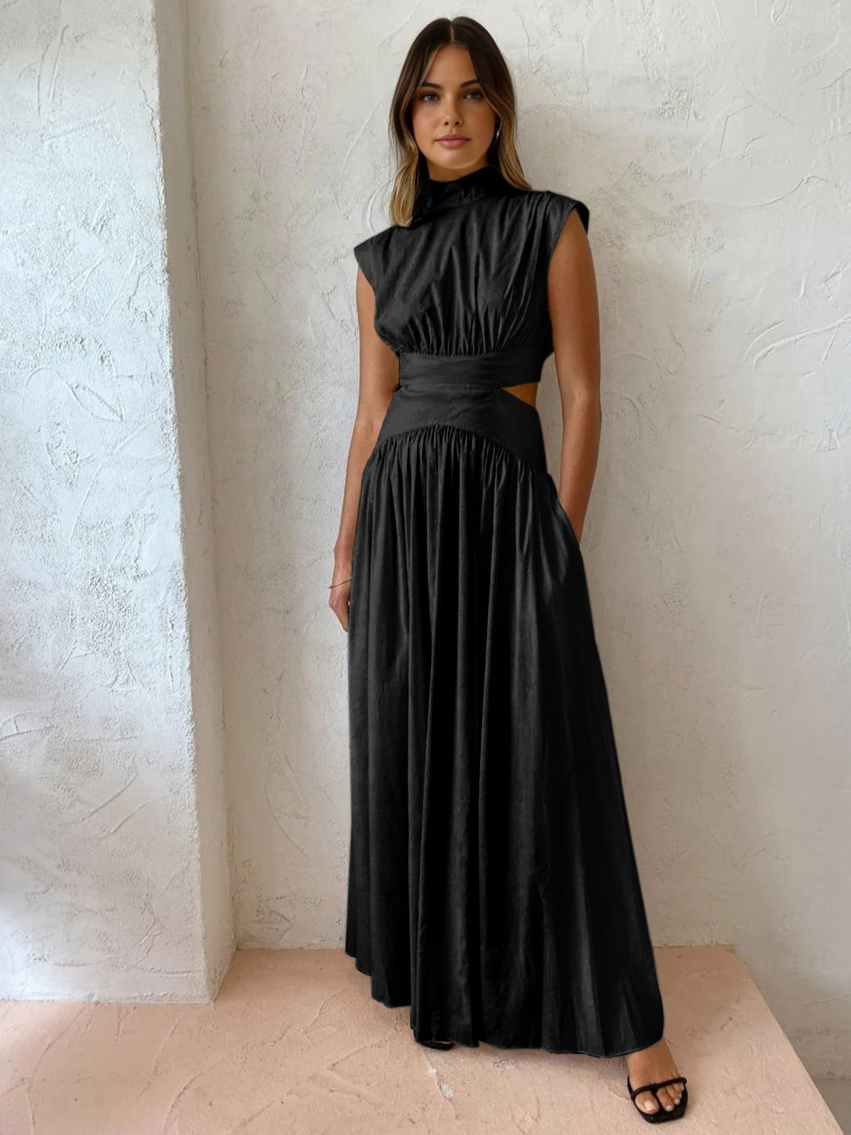 Mock Neck Maxi Dress with Open Back – Pleated Cut-Out Dress