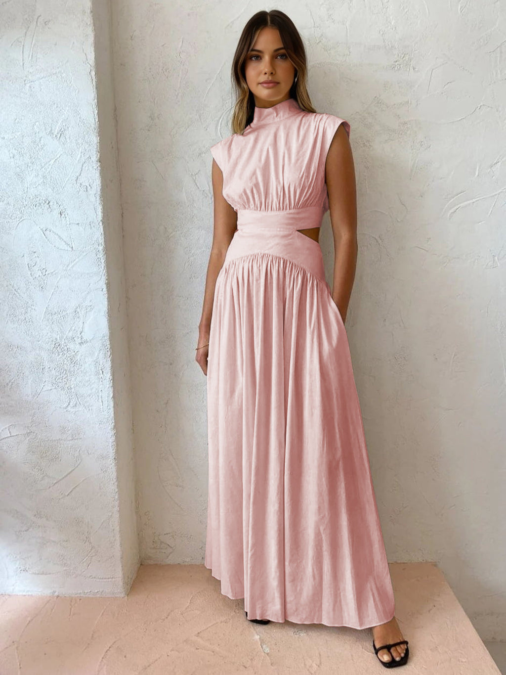 Mock Neck Maxi Dress with Open Back – Pleated Cut-Out Dress