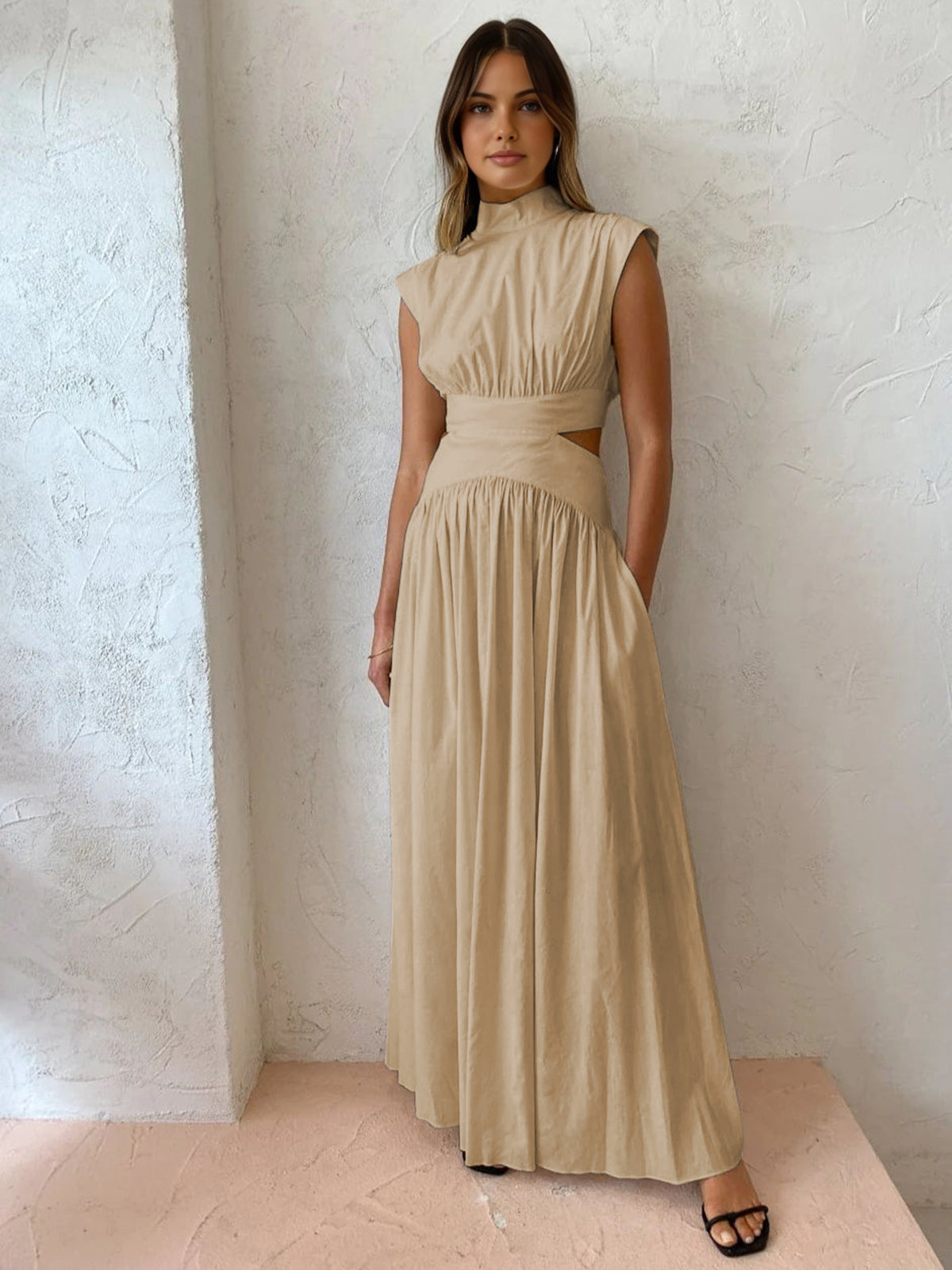 Mock Neck Maxi Dress with Open Back – Pleated Cut-Out Dress