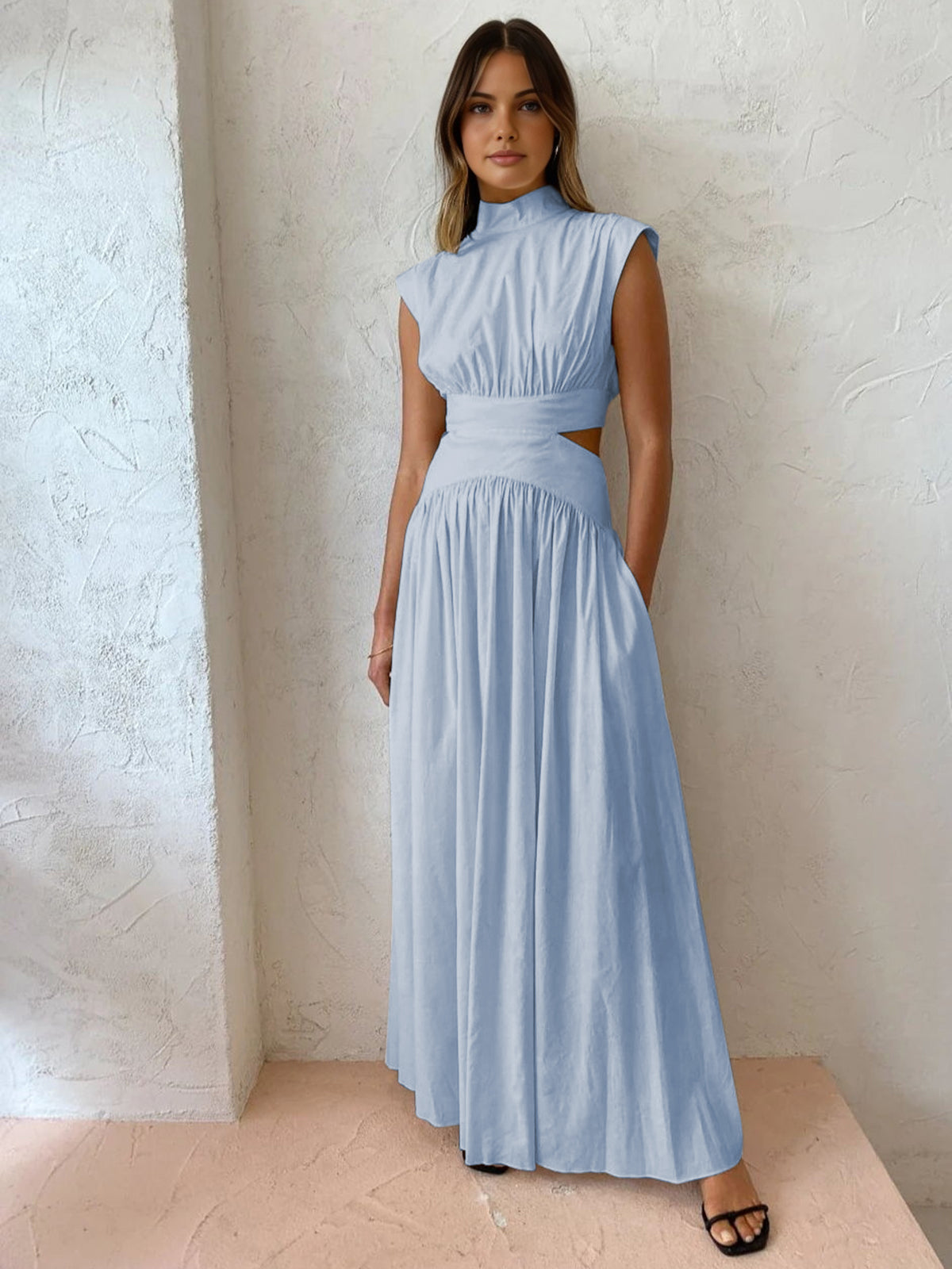 Mock Neck Maxi Dress with Open Back – Pleated Cut-Out Dress