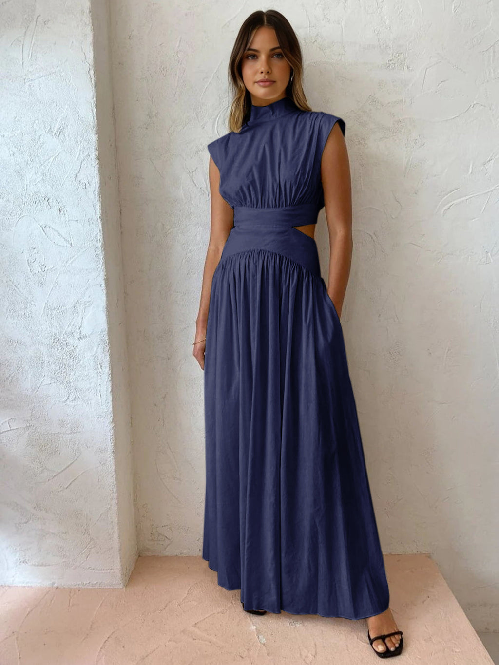 Mock Neck Maxi Dress with Open Back – Pleated Cut-Out Dress