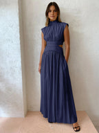 Mock Neck Maxi Dress with Open Back – Pleated Cut-Out Dress