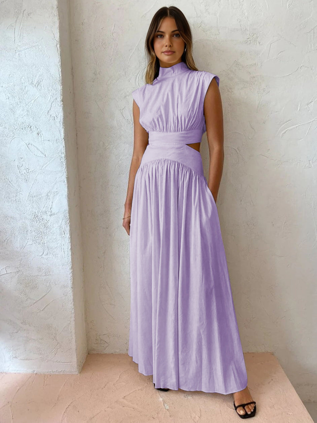 Mock Neck Maxi Dress with Open Back – Pleated Cut-Out Dress