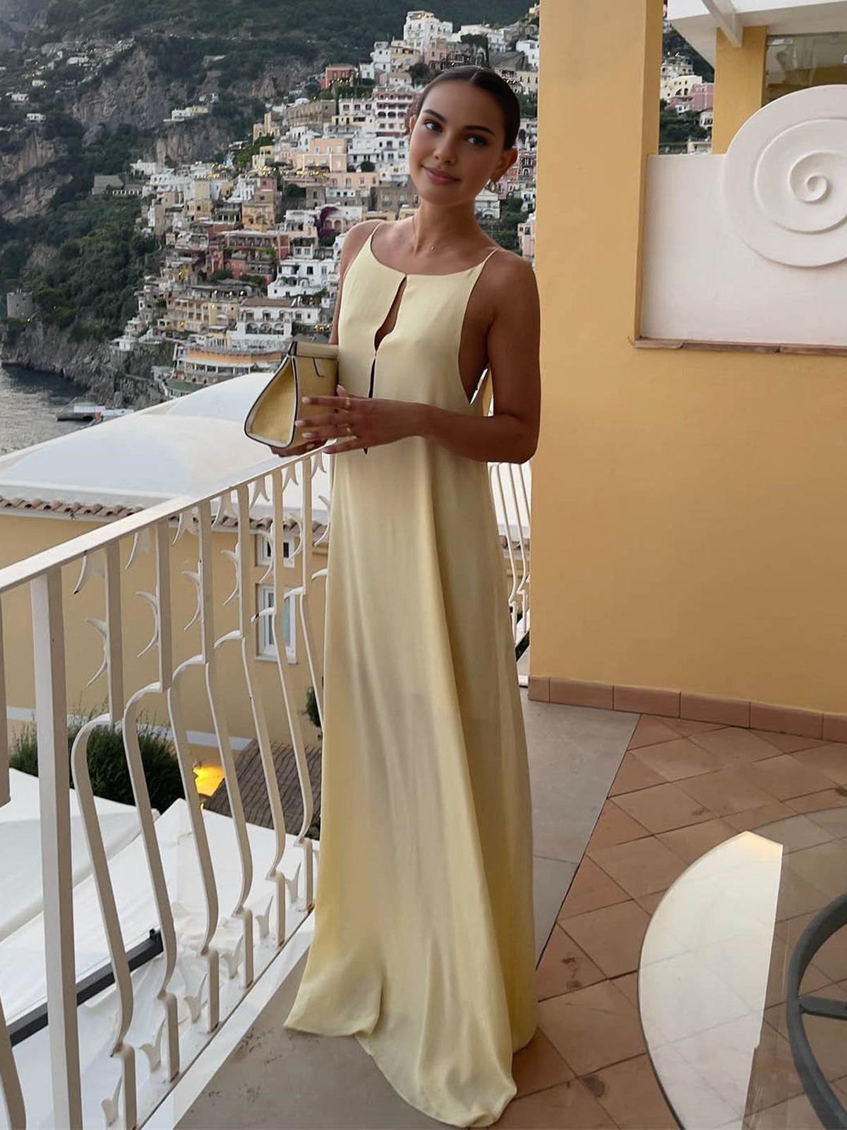 Satin Maxi Dress with Open Back & Low Neckline – Elegant Slip Dress