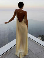 Satin Maxi Dress with Open Back & Low Neckline – Elegant Slip Dress