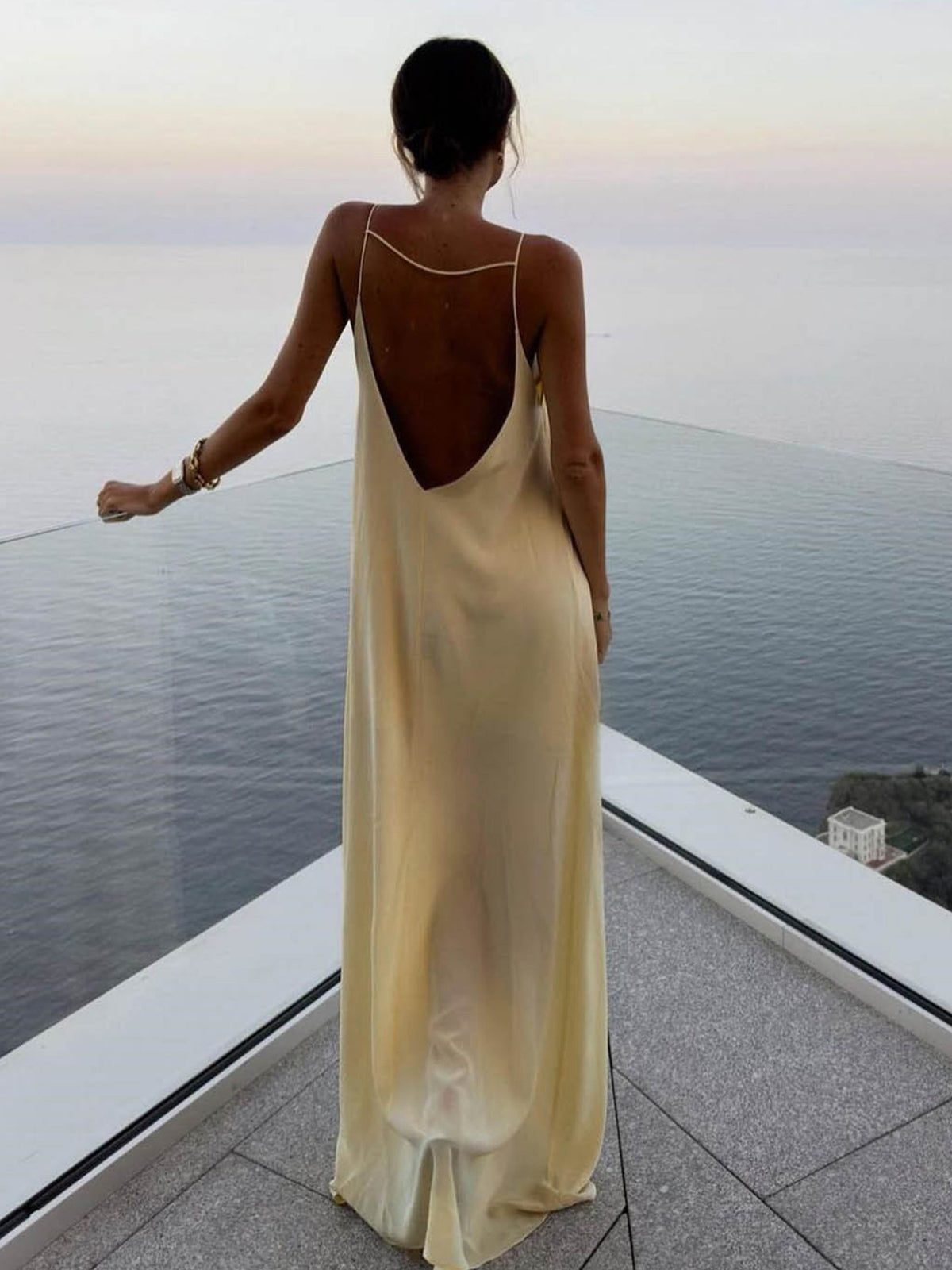 Satin Maxi Dress with Open Back & Low Neckline – Elegant Slip Dress