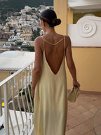 Satin Maxi Dress with Open Back & Low Neckline – Elegant Slip Dress
