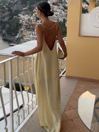 Satin Maxi Dress with Open Back & Low Neckline – Elegant Slip Dress