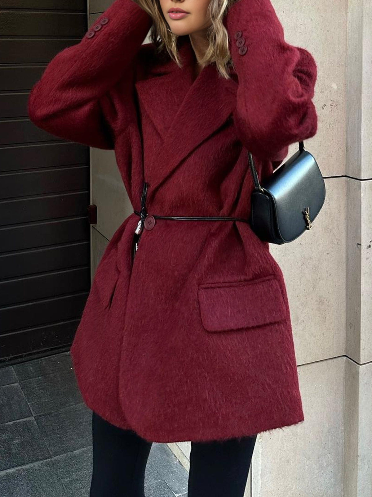 Oversized Wool-Blend Coat in Red with Waist Tie