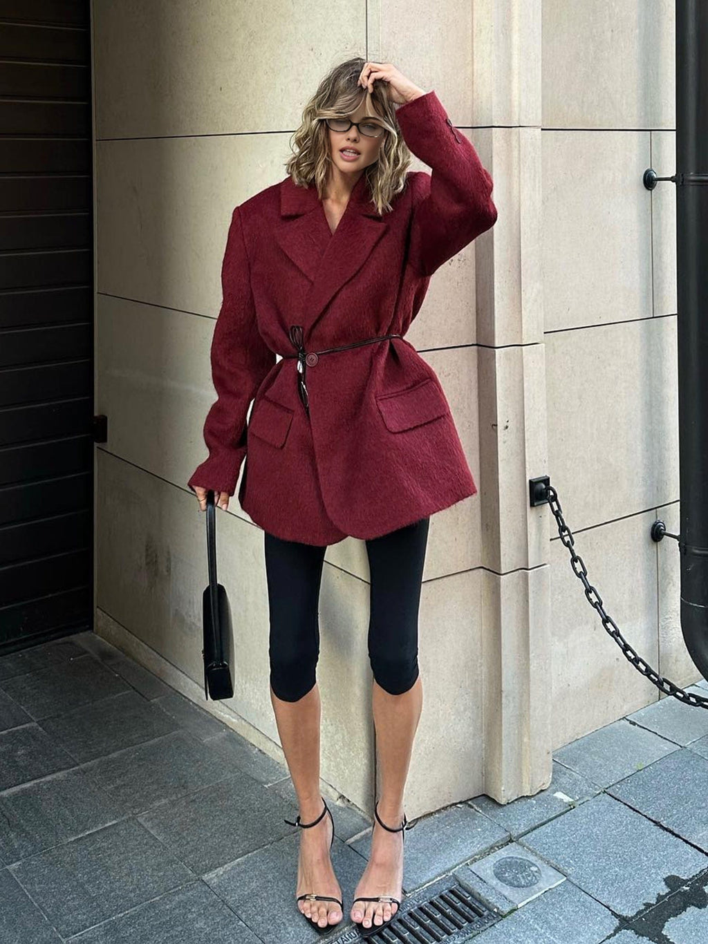Oversized Wool-Blend Coat in Red with Waist Tie
