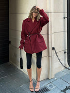 Oversized Wool-Blend Coat in Red with Waist Tie
