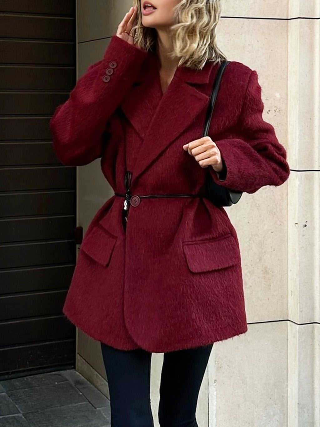 Oversized Wool-Blend Coat in Red with Waist Tie