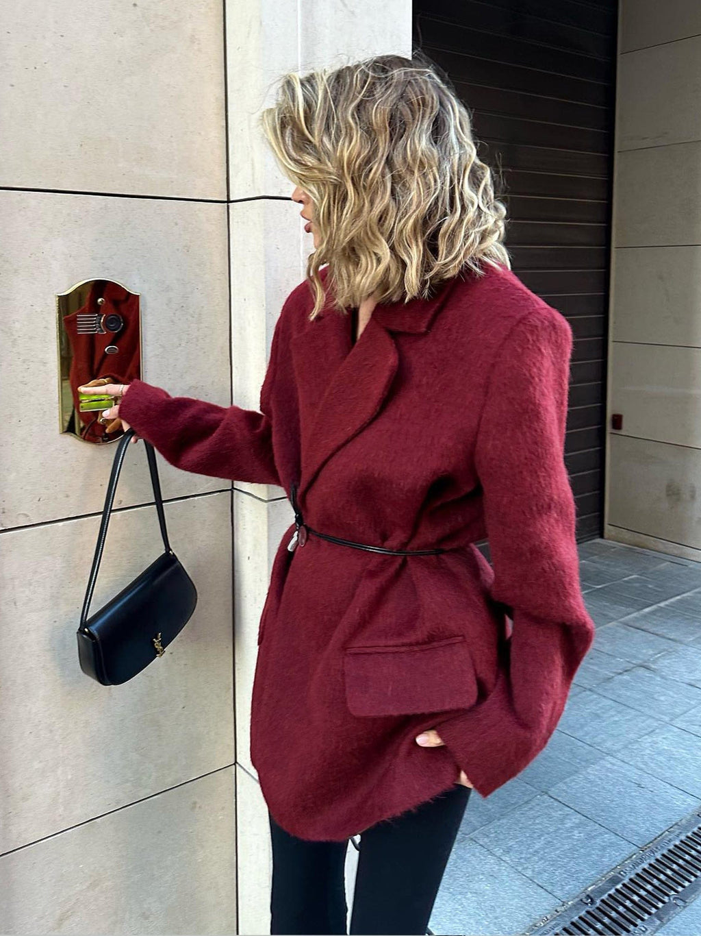 Oversized Wool-Blend Coat in Red with Waist Tie