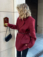 Oversized Wool-Blend Coat in Red with Waist Tie