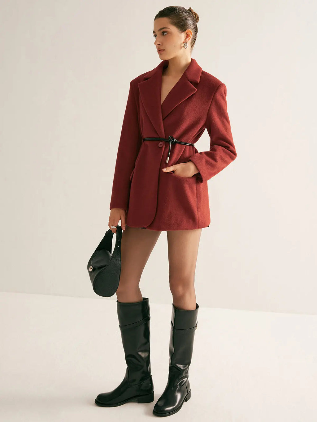 Wool-Blend Blazer with Shoulder Pads and Belt – Red