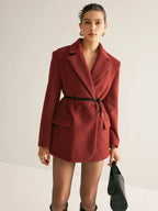 Wool-Blend Blazer with Shoulder Pads and Belt – Red