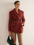 Wool-Blend Blazer with Shoulder Pads and Belt – Red