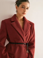 Wool-Blend Blazer with Shoulder Pads and Belt – Red