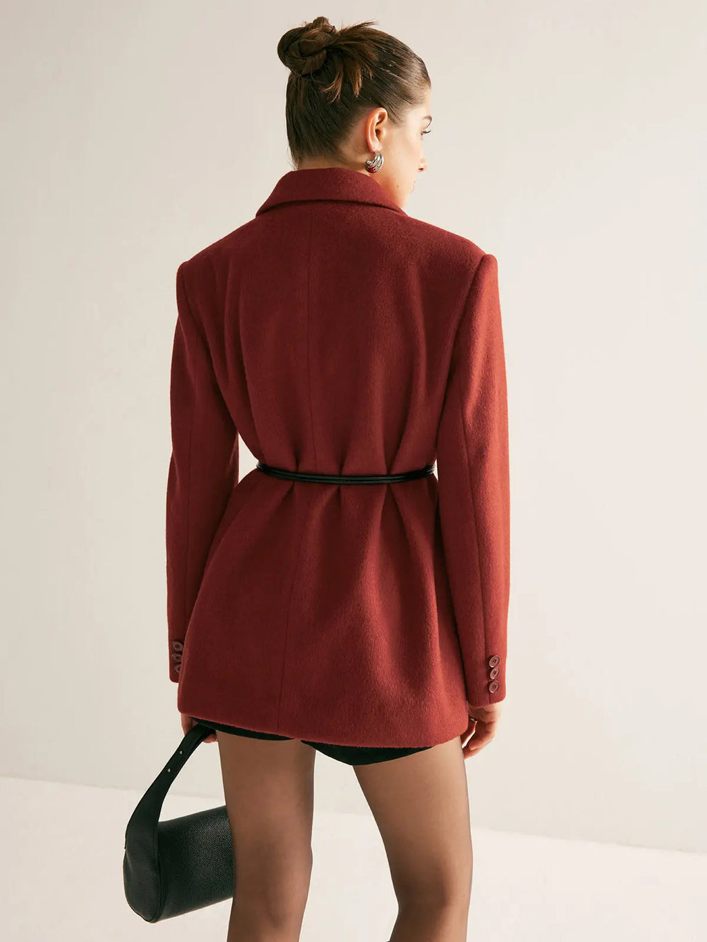 Wool-Blend Blazer with Shoulder Pads and Belt – Red