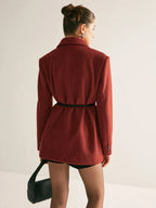 Wool-Blend Blazer with Shoulder Pads and Belt – Red