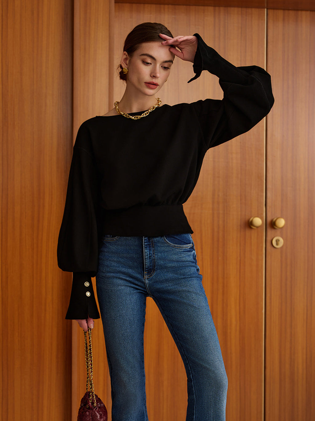 Bell Sleeve Cinched-Waist Sweatshirt