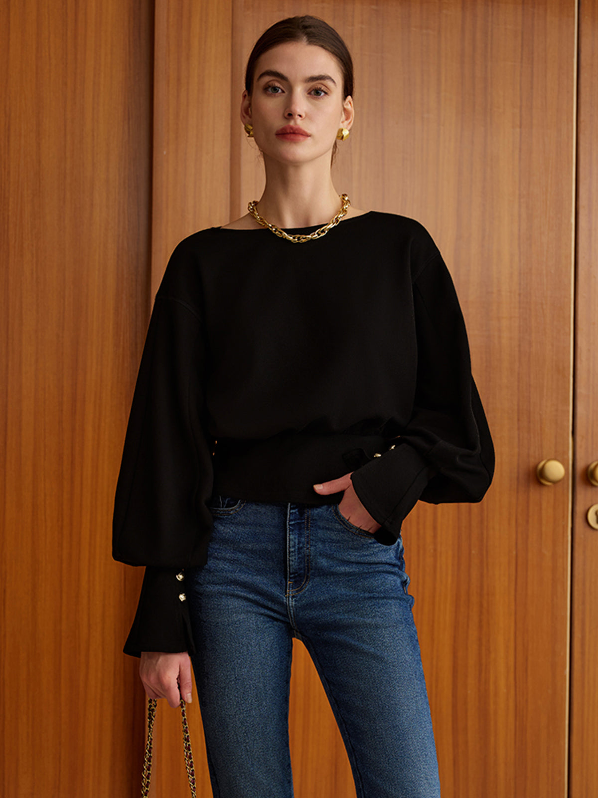 Bell Sleeve Cinched-Waist Sweatshirt
