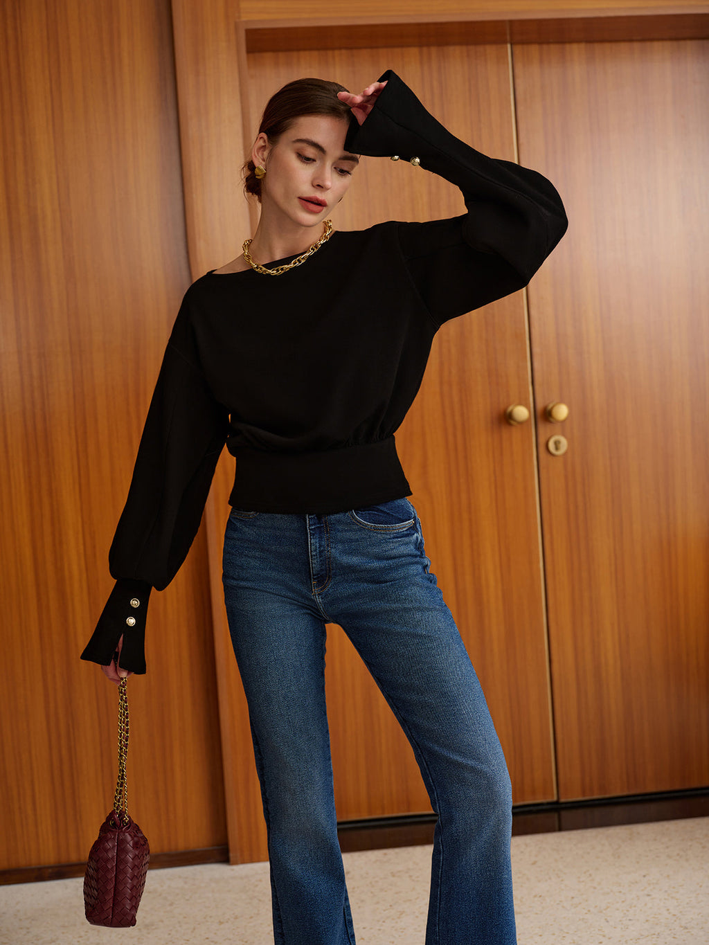 Bell Sleeve Cinched-Waist Sweatshirt
