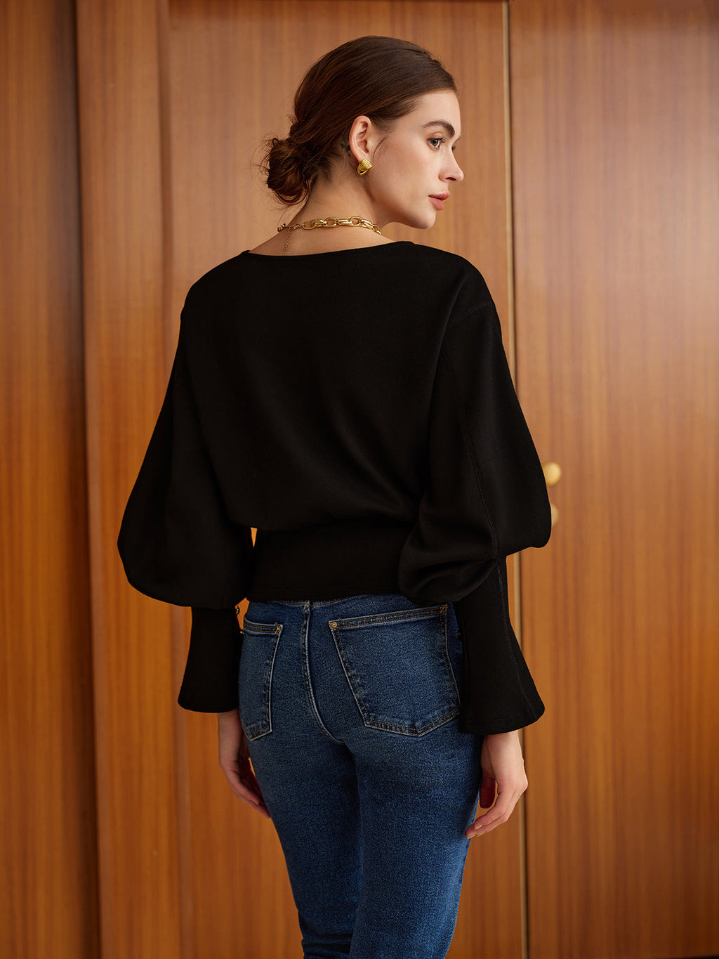Bell Sleeve Cinched-Waist Sweatshirt