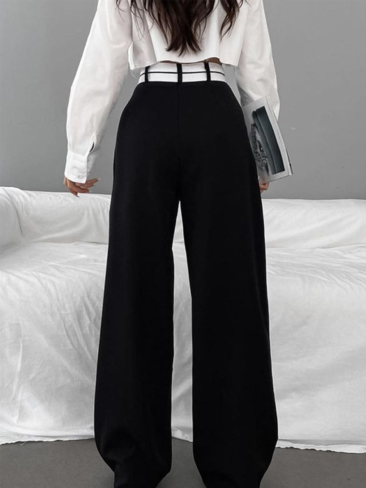 Asymmetric Contrast-Waist Wide-Leg Trousers
