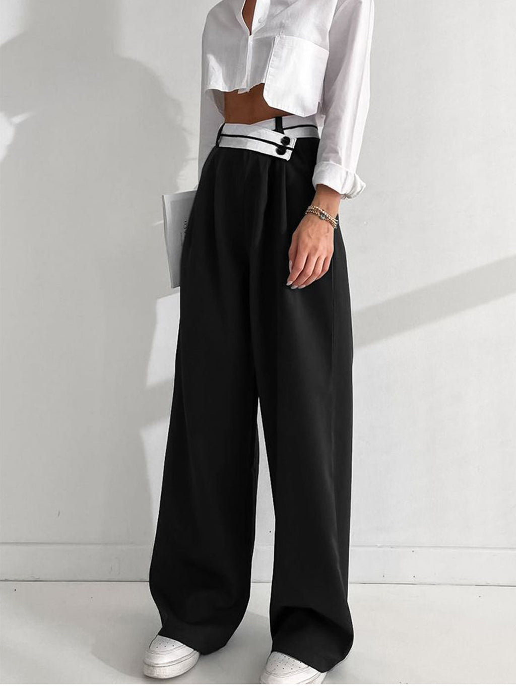 Asymmetric Contrast-Waist Wide-Leg Trousers