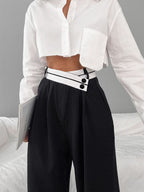 Asymmetric Contrast-Waist Wide-Leg Trousers