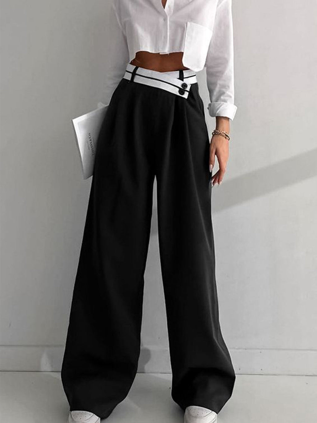 Asymmetric Contrast-Waist Wide-Leg Trousers