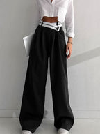 Asymmetric Contrast-Waist Wide-Leg Trousers
