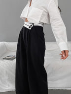 Asymmetric Contrast-Waist Wide-Leg Trousers