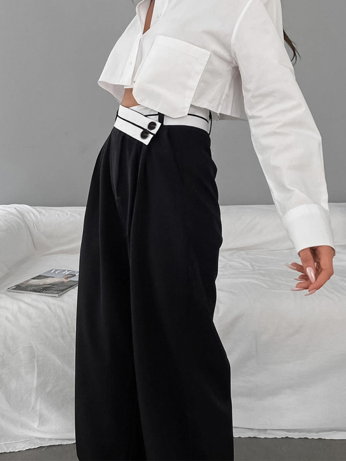 Asymmetric Contrast-Waist Wide-Leg Trousers